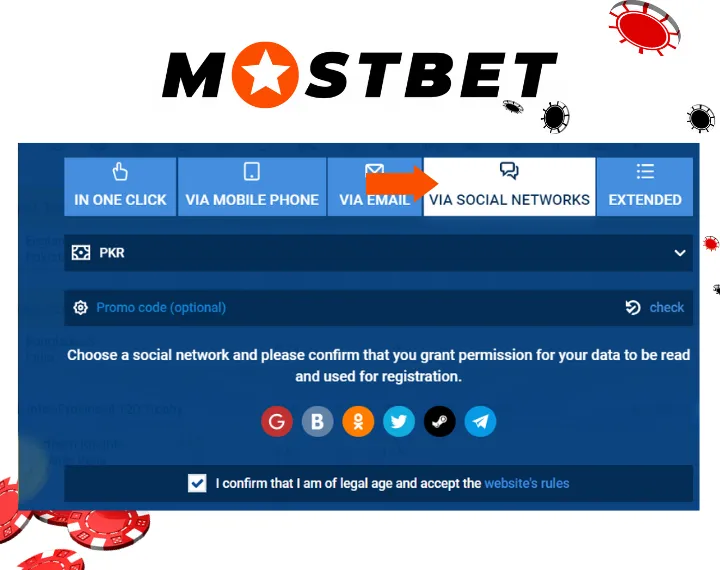 Registration via social networks at Mostbet